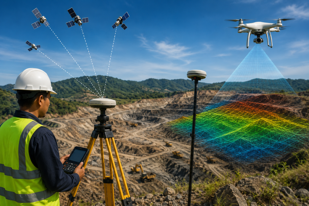GNSS Survey RTK dan drone mapping untuk pengukuran topografi, validasi data pemetaan, serta analisis akurasi koordinat dan elevasi pada proyek geospasial.