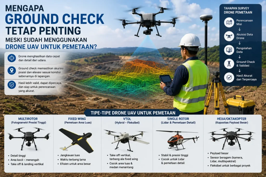 Ilustrasi berbagai jenis drone UAV yang digunakan dalam survey drone pemetaan dan proses ground check untuk meningkatkan akurasi data.