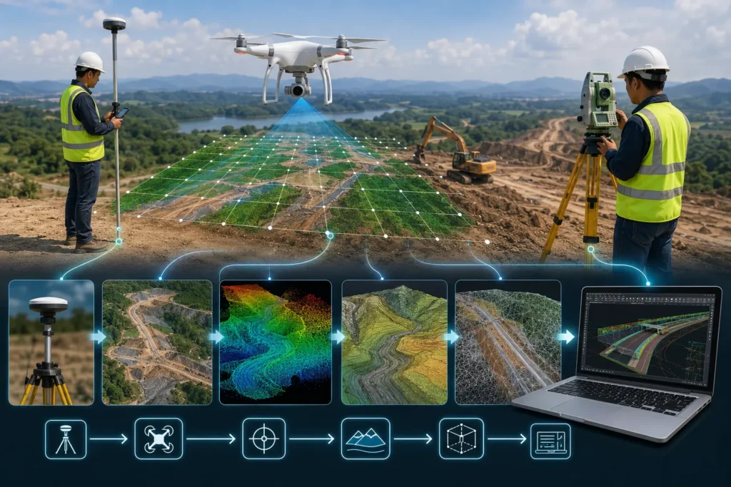 Proses workflow survey modern dari akuisisi data drone hingga pengolahan model topografi digital untuk kebutuhan konstruksi.