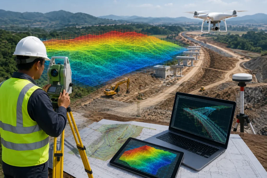 Surveyor melakukan pemetaan topografi pada area proyek konstruksi menggunakan total station dan teknologi drone pemetaan.