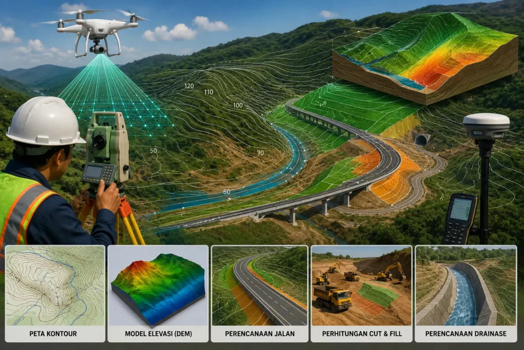 Surveyor menggunakan data kontur untuk mendukung perencanaan infrastruktur dan pemetaan topografi.