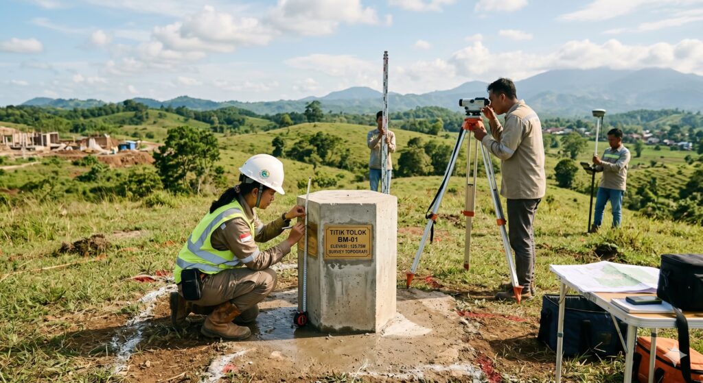 Seorang surveyor sedang melakukan pengukuran presisi pada titik benchmark survey menggunakan alat GNSS untuk kebutuhan pemetaan topografi lahan.