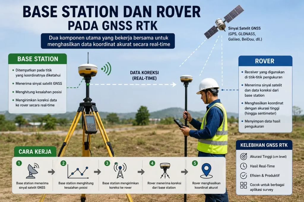 Surveyor menggunakan base station dan rover untuk memperoleh koordinat presisi dalam survey GNSS RTK.