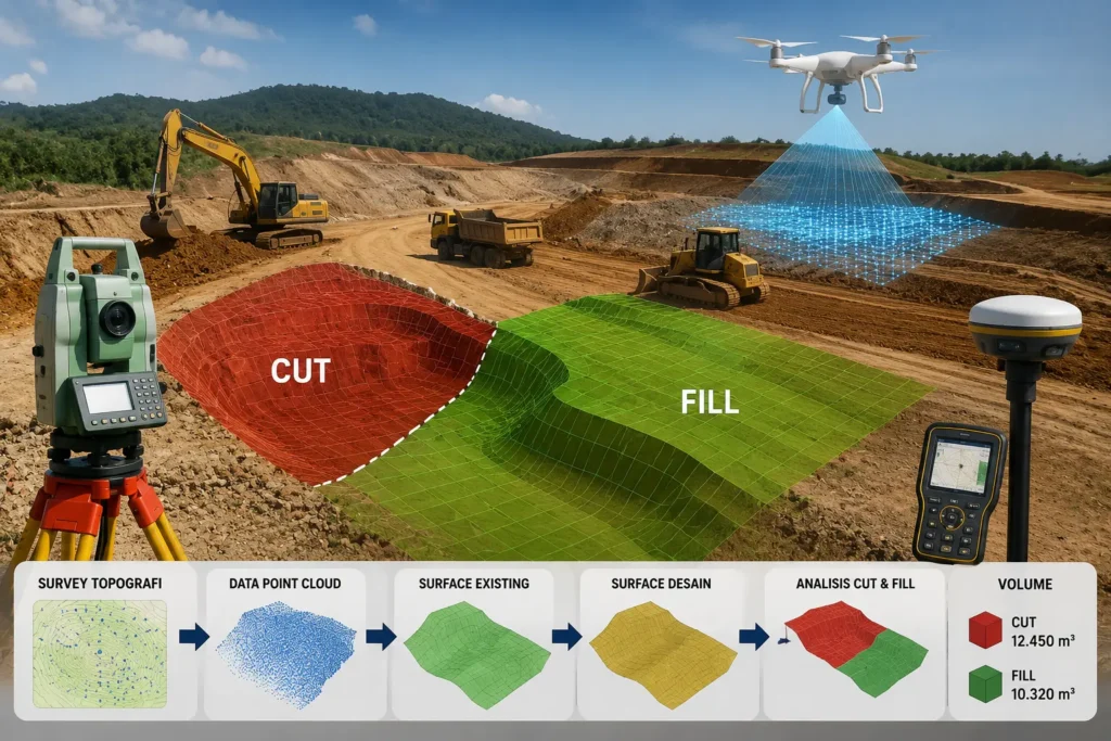 "Proses cut and fill survey dengan teknologi GNSS RTK dan drone untuk analisis volume pekerjaan tanah."