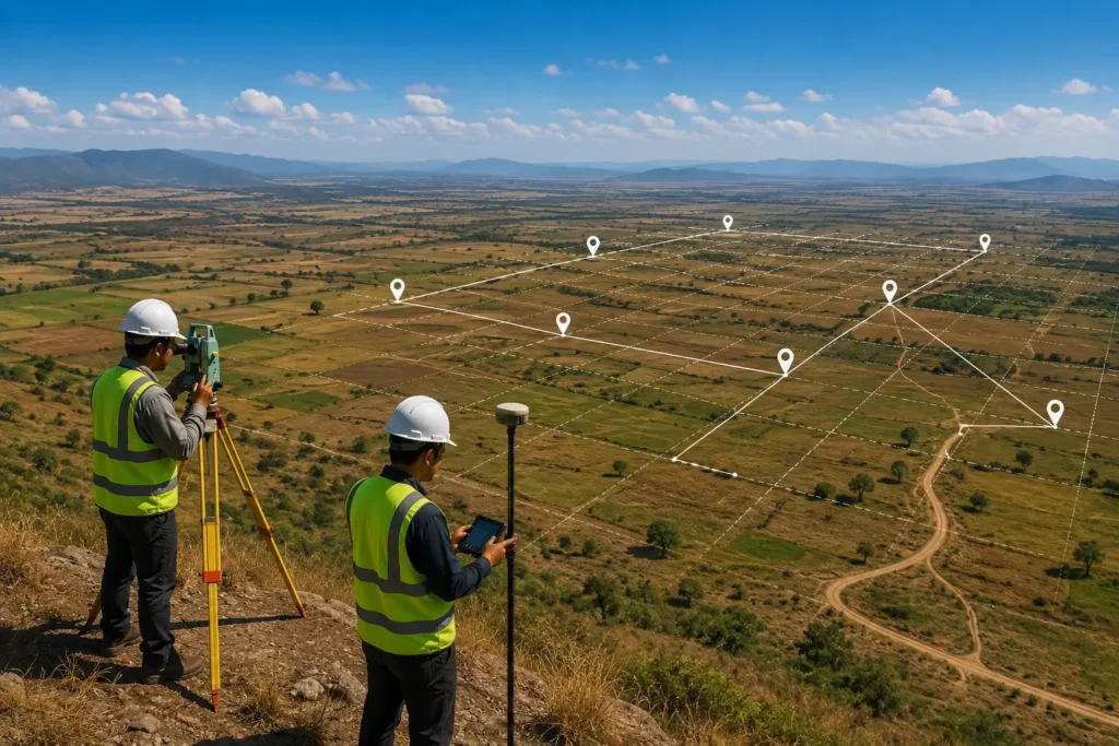 Penerapan traversing total station dalam survey lahan luas menggunakan total station dan prisma untuk pengukuran koordinat.