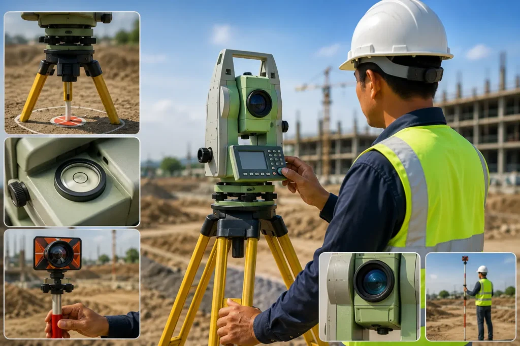 Peralatan survey total station digunakan untuk pengukuran titik kontrol dan stake out pada proyek konstruksi.